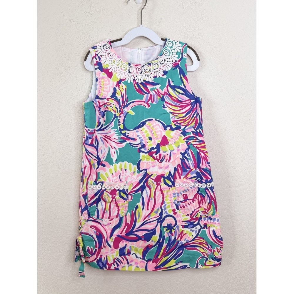 Lilly Pulitzer Girls Dress Size 8 Tropical Floral Shift Dress Lace Trim Pockets